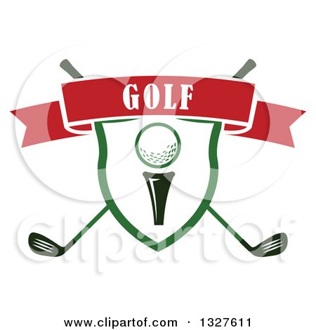 Clipart of a Golf Ball on a Tee in a Shield over Crossed Clubs with a Red Text Ribbon Banner - Royalty Free Vector Illustration by Vector Tradition SM