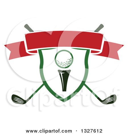 Clipart of a Golf Ball on a Tee in a Shield over Crossed Clubs with a Blank Red Ribbon Banner - Royalty Free Vector Illustration by Vector Tradition SM