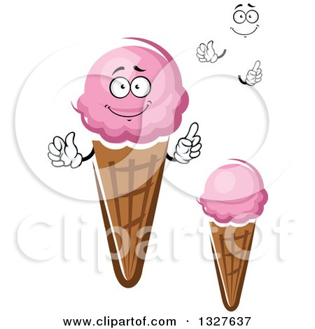Clipart of a Cartoon Face, Hands and Pink Strawberry Waffle Ice Cream Cones - Royalty Free Vector Illustration by Vector Tradition SM
