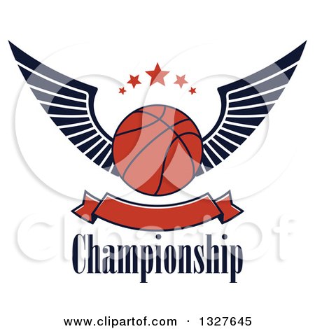 Clipart of a Winged Basketball with Stars over Text and a Blank Banner - Royalty Free Vector Illustration by Vector Tradition SM