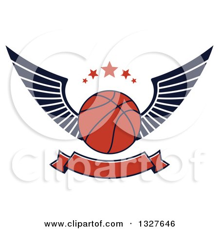 Clipart of a Winged Basketball with Stars over a Blank Banner - Royalty Free Vector Illustration by Vector Tradition SM