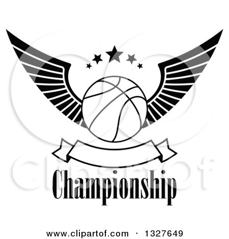 Clipart of a Black and White Winged Basketball with Stars over Text and a Blank Banner - Royalty Free Vector Illustration by Vector Tradition SM