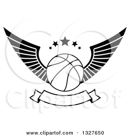 Clipart of a Black and White Winged Basketball with Stars over a Blank Banner - Royalty Free Vector Illustration by Vector Tradition SM