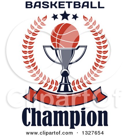Clipart of a Basketball on a Trophy Cup Inside a Laurel and Star Wreath over a Blank Orange Banner with Text - Royalty Free Vector Illustration by Vector Tradition SM