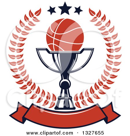 Clipart of a Basketball on a Trophy Cup Inside a Laurel and Star Wreath over a Blank Orange Banner - Royalty Free Vector Illustration by Vector Tradition SM