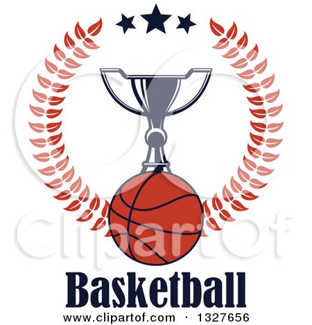 Clipart of a Trophy over a Basketball Inside a Laurel and Star Wreath over Text - Royalty Free Vector Illustration by Vector Tradition SM