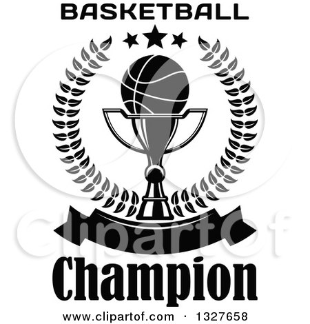 Clipart of a Black and White Basketball on a Trophy Cup Inside a Laurel and Star Wreath over a Blank Banner with Text - Royalty Free Vector Illustration by Vector Tradition SM
