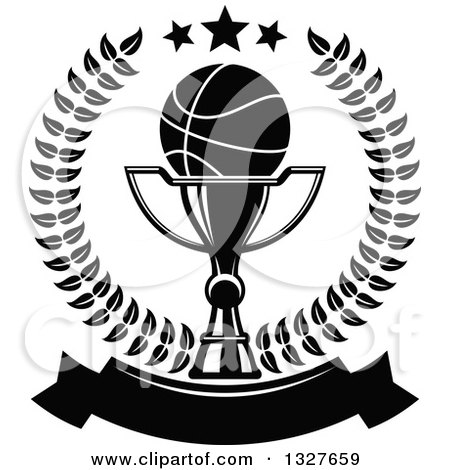 Clipart of a Black and White Basketball on a Trophy Cup Inside a Laurel and Star Wreath over a Blank Banner - Royalty Free Vector Illustration by Vector Tradition SM