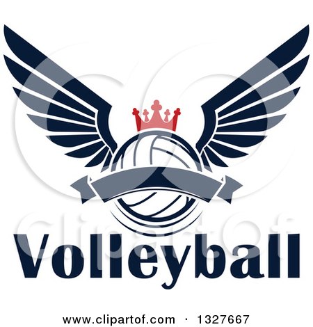 Clipart of a Navy Blue Winged Crowned Volleyball with a Blank Banner over Text - Royalty Free Vector Illustration by Vector Tradition SM