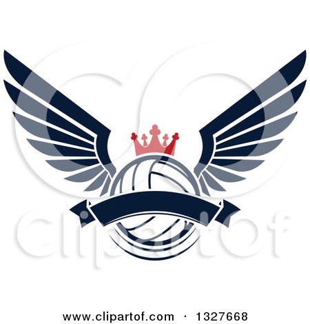 Clipart of a Navy Blue Winged Crowned Volleyball with a Blank Banner - Royalty Free Vector Illustration by Vector Tradition SM