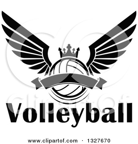 Clipart of a Black and White Winged Crowned Volleyball with a Blank Banner over Text - Royalty Free Vector Illustration by Vector Tradition SM