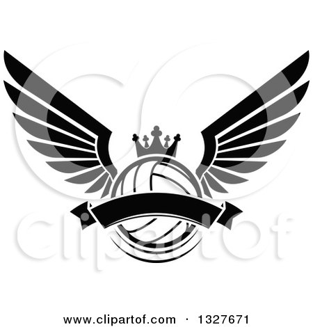 Clipart of a Black and White Winged Crowned Volleyball with a Blank Banner - Royalty Free Vector Illustration by Vector Tradition SM
