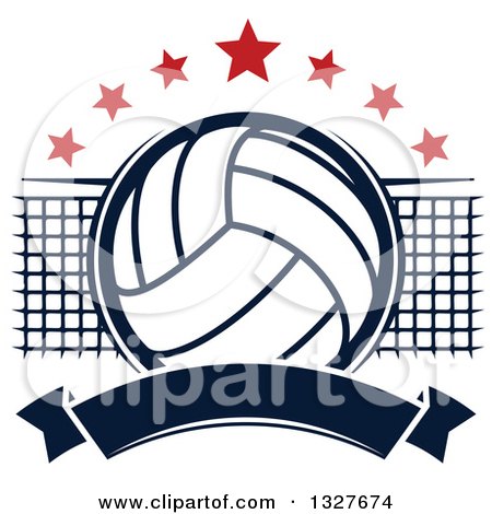 Clipart of a Navy Blue Volleyball with Red Stars, a Net and Blank Banner - Royalty Free Vector Illustration by Vector Tradition SM