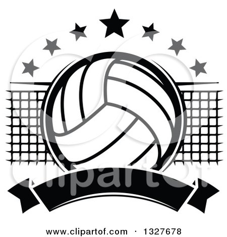 Black and White Volleyball with Stars, a Net and Blank Banner Posters ...
