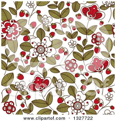 Clipart of a Seamless Background Pattern of Doodled Strawberry Blossoms, Plants and Berries - Royalty Free Vector Illustration by Vector Tradition SM