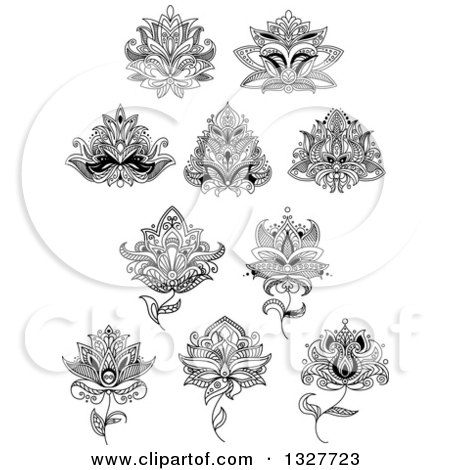Clipart of a Black and White Henna and Lotus Flowers 15 - Royalty Free Vector Illustration by Vector Tradition SM