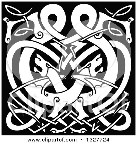 Clipart of a White Celtic Knot Dragons on Black 4 - Royalty Free Vector Illustration by Vector Tradition SM