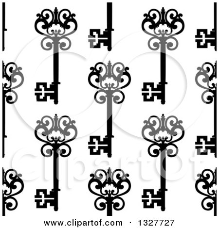 Clipart of a Seamless Background Pattern of Ornate Black Vintage Skeleton Keys on White 5 - Royalty Free Vector Illustration by Vector Tradition SM