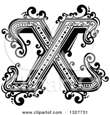 Clipart of a Retro Black and White Capital Letter X with Flourishes - Royalty Free Vector Illustration by Vector Tradition SM