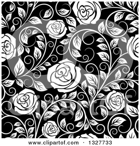 Clipart of a Seamless Background Pattern of White Roses and Leaves over Black 2 - Royalty Free Vector Illustration by Vector Tradition SM