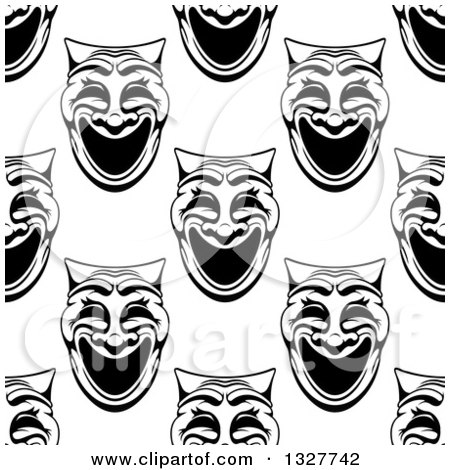 Clipart of a Seamless Background Pattern of Black and White Comedy Theater Masks - Royalty Free Vector Illustration by Vector Tradition SM
