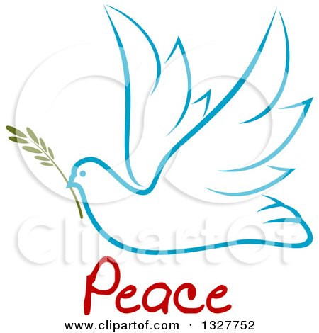 Clipart of a Sketched Light Blue Flying Peace Dove with a Branch and Text - Royalty Free Vector Illustration by Vector Tradition SM