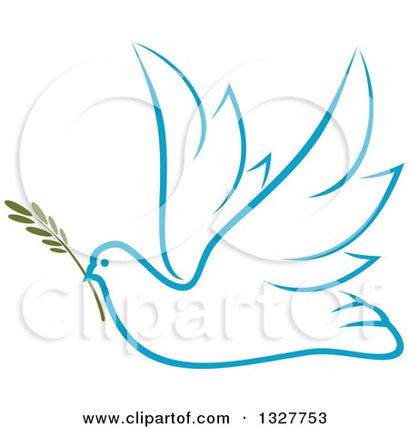 Clipart of a Sketched Light Blue Flying Peace Dove with a Branch - Royalty Free Vector Illustration by Vector Tradition SM