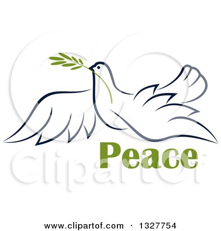 Clipart of a Sketched Flying Navy Blue Peace Dove with a Branch and Text - Royalty Free Vector Illustration by Vector Tradition SM