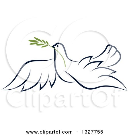 Clipart of a Sketched Flying Navy Blue Peace Dove with a Branch - Royalty Free Vector Illustration by Vector Tradition SM