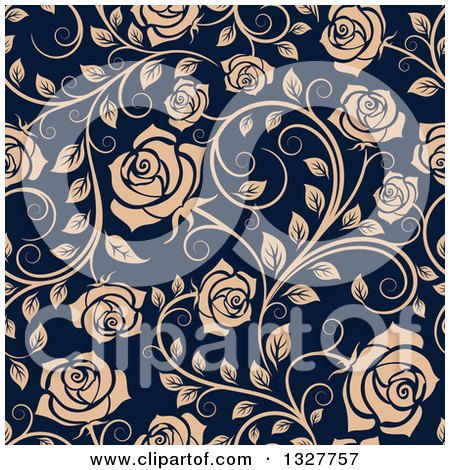 Clipart of a Seamless Pattern of Tan Roses on Navy Blue 2 - Royalty Free Vector Illustration by Vector Tradition SM