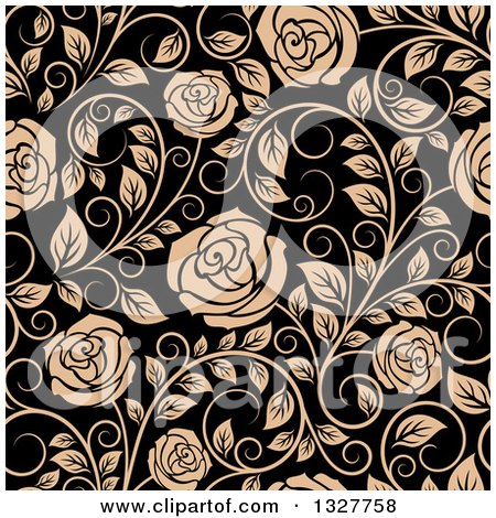 Clipart of a Seamless Pattern of Tan Roses on Black 3 - Royalty Free Vector Illustration by Vector Tradition SM