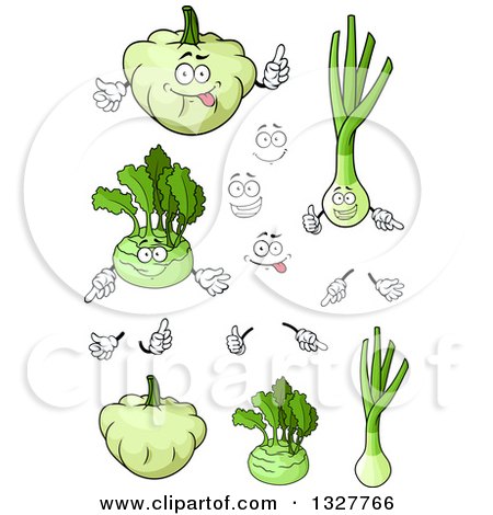 Clipart of Cartoon Green Onions or Leeks, Pattypan Squash, Kohlrabis with Faces and Hands - Royalty Free Vector Illustration by Vector Tradition SM
