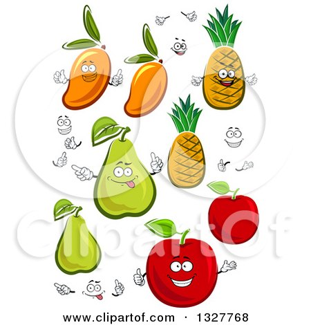 Clipart of Cartoon Mangoes, Pineapples, Pears and Red Apples with Faces and Hands - Royalty Free Vector Illustration by Vector Tradition SM