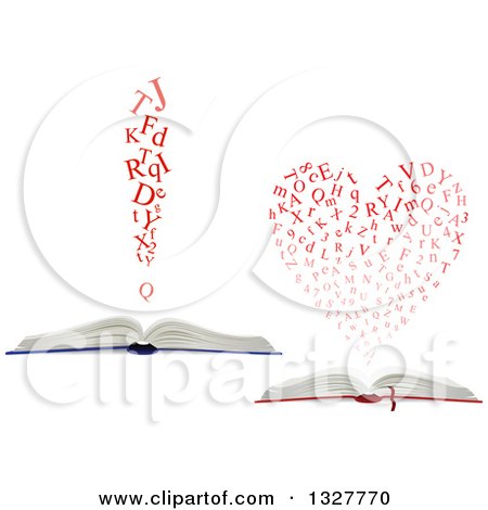 Clipart of Open Books with Red Letters Forming a Heart and Exclamation Point - Royalty Free Vector Illustration by Vector Tradition SM