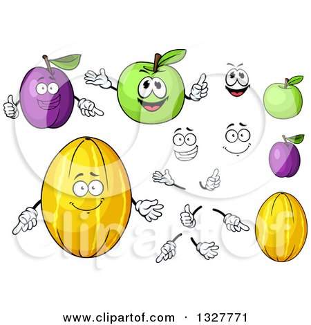Clipart of Cartoon Plums, Green Apples and Canary Melons, Faces and Hands - Royalty Free Vector Illustration by Vector Tradition SM