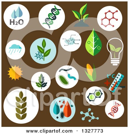 Clipart of Flat Design Agricultural Crops, Chemical Formulas, Pests, Models of DNA and Cells, Weather, Sun, Water and Temperature Control Symbols on Brown - Royalty Free Vector Illustration by Vector Tradition SM