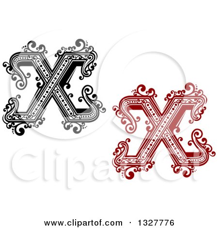 Clipart of Retro Black and White and Red Capital Letter X Designs with Flourishes - Royalty Free Vector Illustration by Vector Tradition SM