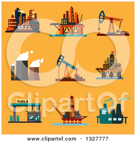 Clipart of Flat Design Offshore Oil Platforms, Oil Pump Jacks, Oil Refinery Plants, Thermal Power Plant and Filling Station over Orange - Royalty Free Vector Illustration by Vector Tradition SM