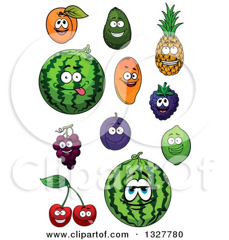 Clipart of Cartoon Apricot, Avocado, Pineapple, Mango, Watermelon, Blackberry, Grapes, Plum, Lime and Cherry Characters - Royalty Free Vector Illustration by Vector Tradition SM