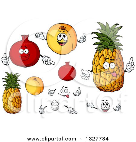 Clipart of Cartoon Pomegranate, Apricot and Pineapple Characters, Faces and Hands - Royalty Free Vector Illustration by Vector Tradition SM