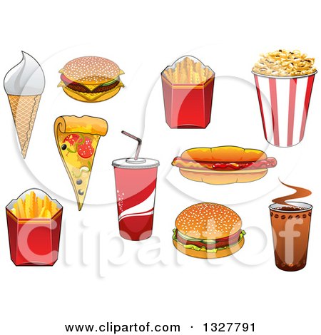 Clipart of Cartoon Ice Cream, Burgers, French Fries, Popcorn, Hot Dog, Soda, Pizza and Coffee - Royalty Free Vector Illustration by Vector Tradition SM