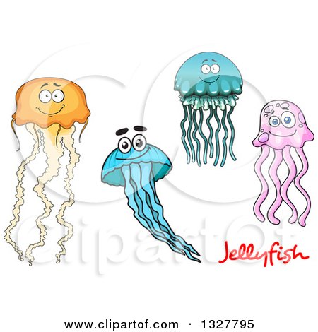 Clipart of Cartoon Yellow, Blue and Pink Jellyfish - Royalty Free Vector Illustration by Vector Tradition SM