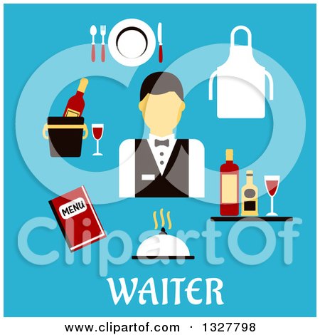 Clipart of a Flat Design Waiter with Items over Text on Blue - Royalty Free Vector Illustration by Vector Tradition SM