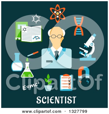 Clipart of a Flat Design Scientist with Items over Text on Teal - Royalty Free Vector Illustration by Vector Tradition SM