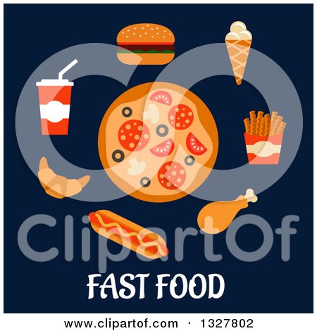 Clipart of a Flat Design Pizza and Junk Foods over Text on Blue - Royalty Free Vector Illustration by Vector Tradition SM