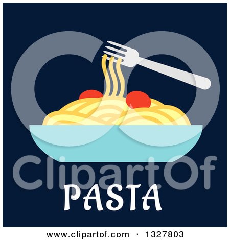 Clipart of a Flat Design Fork over a Bowl of Spaghetti, on Blue with Text - Royalty Free Vector Illustration by Vector Tradition SM