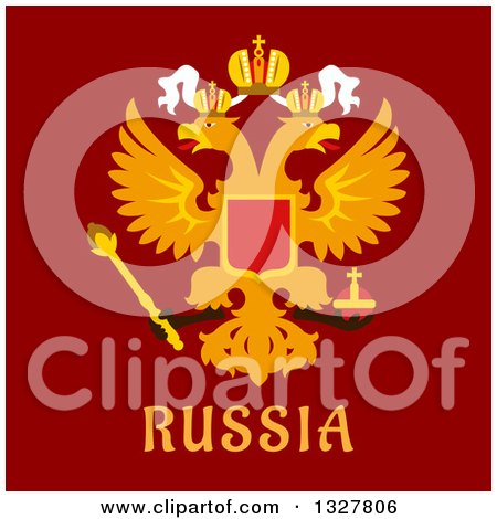 Clipart of a Flat Design Russian Flat Doubleheaded Imperial Eagle with Text over Red - Royalty Free Vector Illustration by Vector Tradition SM