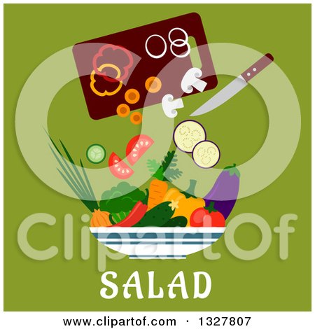 Clipart of a Flat Design Cutting Board with Veggies in a Salad Bowl over Text on Green - Royalty Free Vector Illustration by Vector Tradition SM