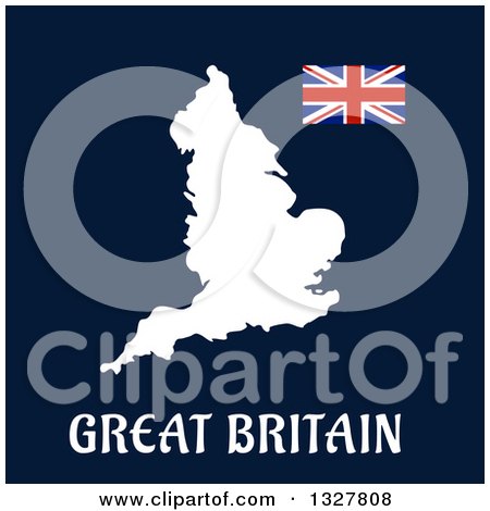 Clipart of a White Great Britain Map with a Flag on Blue - Royalty Free Vector Illustration by Vector Tradition SM
