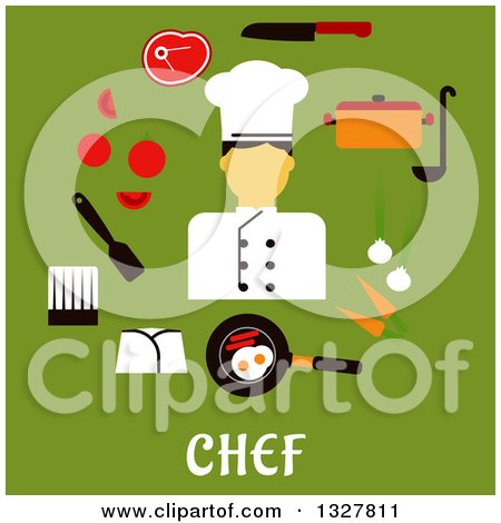 Clipart of a Flat Design Male Chef with Food over Text on Green - Royalty Free Vector Illustration by Vector Tradition SM